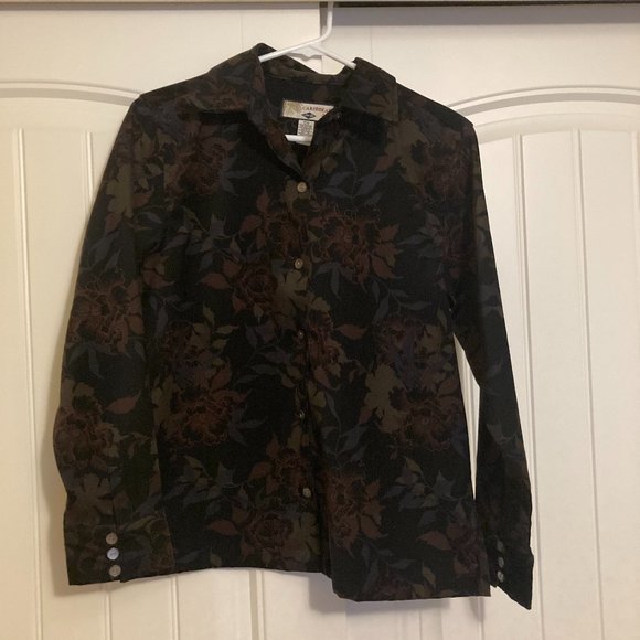 Caribbean Joe Floral Button Up Blouse Medium Petite Dark Brown Floral Textured - Picture 1 of 3